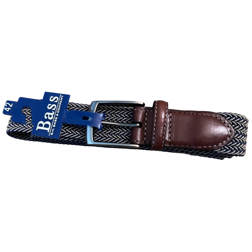 Men’s Bass Belt Tan & Navy Blue Stretchy Braided Cord Brown Leather Trim Size 42